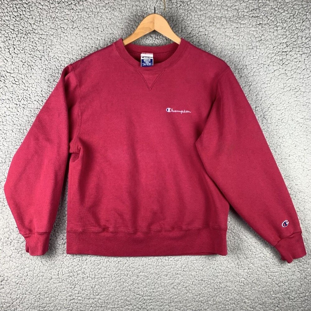 Champion Sweatshirt Medium Mens Vintage Spell Out Crewneck Fuscia Red Dark Pink